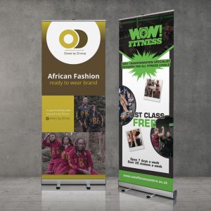 An image displaying two roll-up banner stands, printed with adverts.
