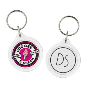 Two clear plastic keyrings in the shape of circles. They have designs printed on their inserts, one in full colour and one in black and white.