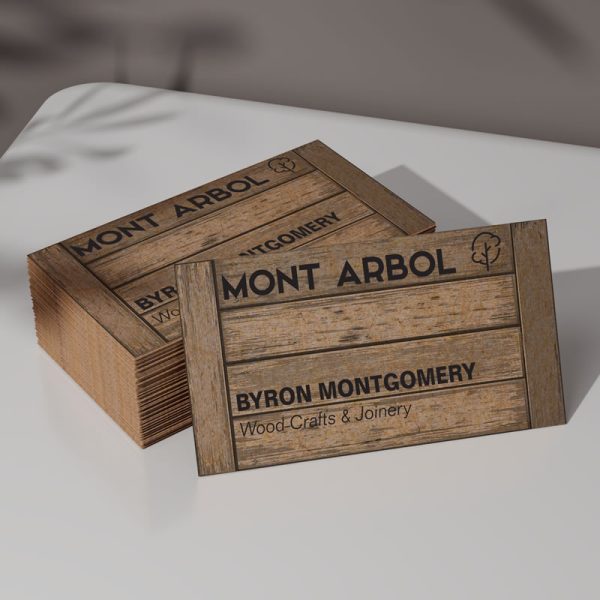An image showing business cards printed on Kraft paper with a rustic-looking wooden crate design.