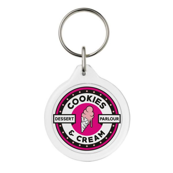 A clear plastic keyring in the shape of a circle. It has a logo printed on the insert in full colour.