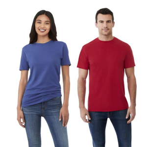 Image of a man and a woman wearing one of the t-shirts.