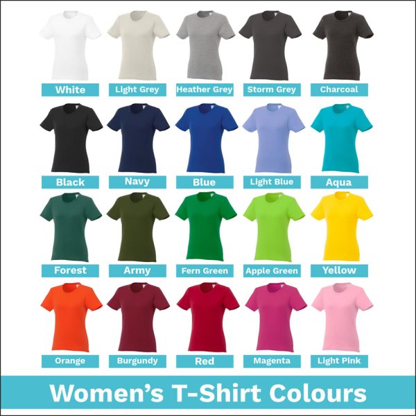 Image showing the colour choices available for Women's T-shirts. The Shirts are arranged in a grid with their colours labelled beneath them.