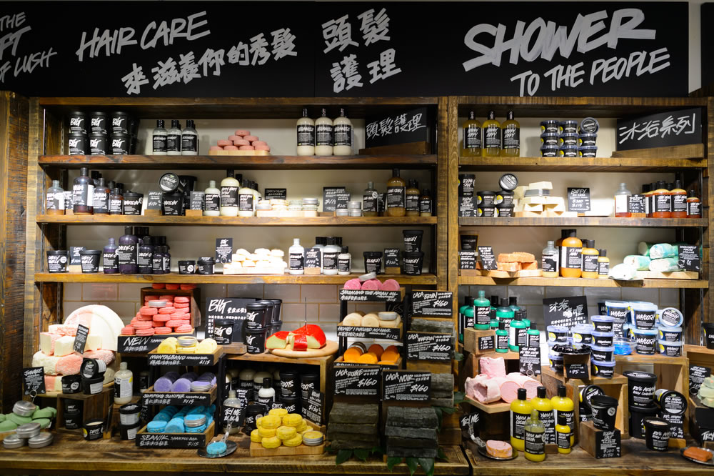 Lush uses signage on all levels to lead the eye across all their different products.